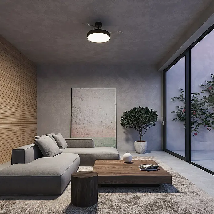 Arte confort Ventilador de techo Cairo - Negro, 112 cm, 35,8 W, Blanco cálido - Una sala de estar moderna con un elegante ventilador de techo con iluminación integrada, creando un ambiente agradable y confortable.