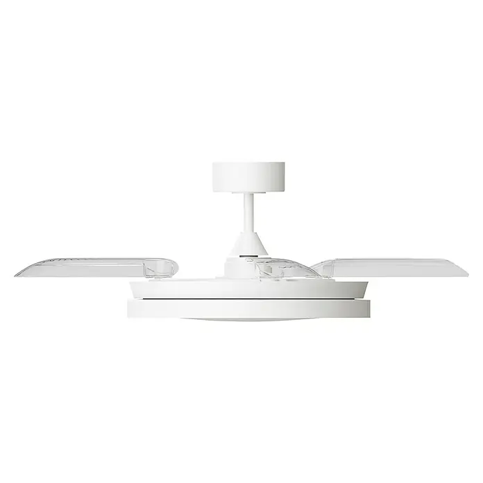 Arte confort Ventilador de techo Cairo - Blanco, 112 cm, 35,8 W, Blanco cálido - La imagen muestra un ventilador de techo blanco con iluminación LED y un diseño moderno sobre un fondo negro.