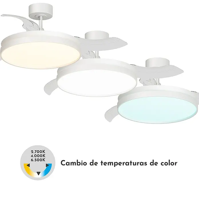 Arte confort Ventilador de techo Cairo - Blanco, 112 cm, 35,8 W, Blanco cálido - La imagen muestra un ventilador de techo LED blanco con temperatura de color ajustable, representado por tres colores de luz diferentes.