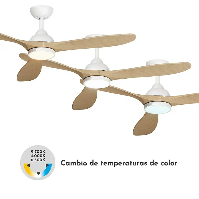 Arte confort Ventilador de techo Kenia - Roble blanco, 132 cm, 34 W, Blanco cálido - Ventilador de techo con aspas de madera y luz LED con ajuste de temperatura de color. Diseño moderno para un ambiente agradable.