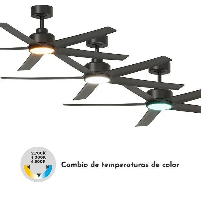 Arte confort Ventilador de techo Bangok - Negro, 132 cm, 35 W, Blanco cálido - Varios ventiladores de techo mostrados con diferentes temperaturas de color, demostrando una iluminación personalizable.