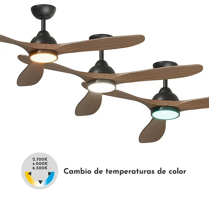 Arte confort Ventilador de techo Kenia - Roble negro, 132 cm, 34 W, Blanco cálido - Imagen de un moderno ventilador de techo con palas de madera e iluminación LED integrada que ofrece diferentes temperaturas de color.