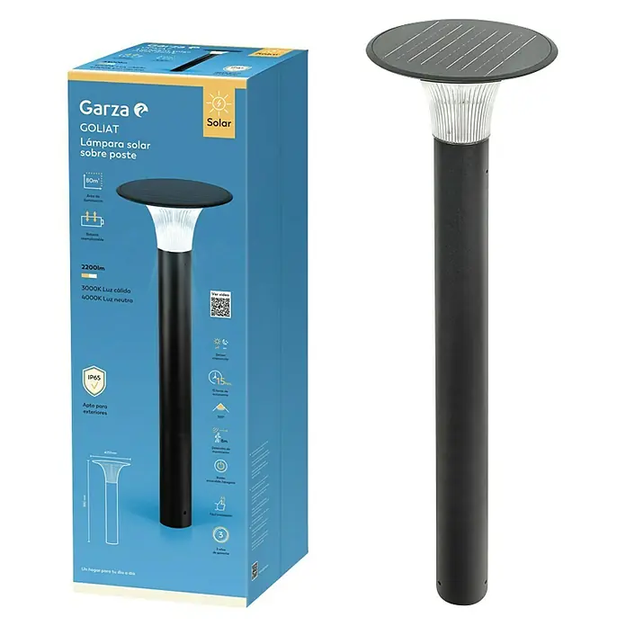 Garza Goliat Sobremuro exterior solar con sensor - Color del marco: Negro, 25,7 x 25,7 x 57 cm, Con bombillas - Descripción del producto: La lámpara solar Garza GOLIAT, perfecta para exteriores, con batería de larga duración y luz blanca cálida/neutra.