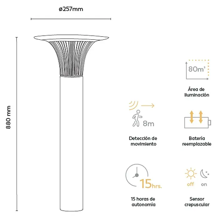 Garza Goliat Sobremuro exterior solar con sensor - Color del marco: Negro, 25,7 x 25,7 x 57 cm, Con bombillas - Ilustración de una lámpara de exterior con dimensiones de 880 mm de altura y 257 mm de diámetro, más detalles sobre sensores y baterías.