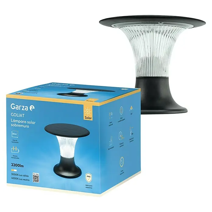 Garza Goliat Sobremuro solar LED con sensor - 3.000 K - 4.000 K, 2.200 lm, IP65 - La imagen muestra la lámpara solar para muros "Garza GOLIAT", tanto en su embalaje como por separado, ideal para crear ambiente exterior.