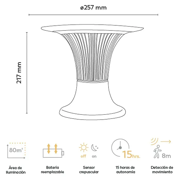 Garza Goliat Sobremuro solar LED con sensor - 3.000 K - 4.000 K, 2.200 lm, IP65 - Imagen de una lámpara LED de exterior con dimensiones de 217 mm de altura y 257 mm de diámetro, además de información de las características del producto.