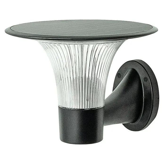 Garza Goliat Aplique solar para exterior con sensor - Plástico, Blanco cálido, Negro - Una lámpara de pared solar con una pantalla transparente y acanalada y base negra, diseñada para montaje en pared. Eficiente y elegante.
