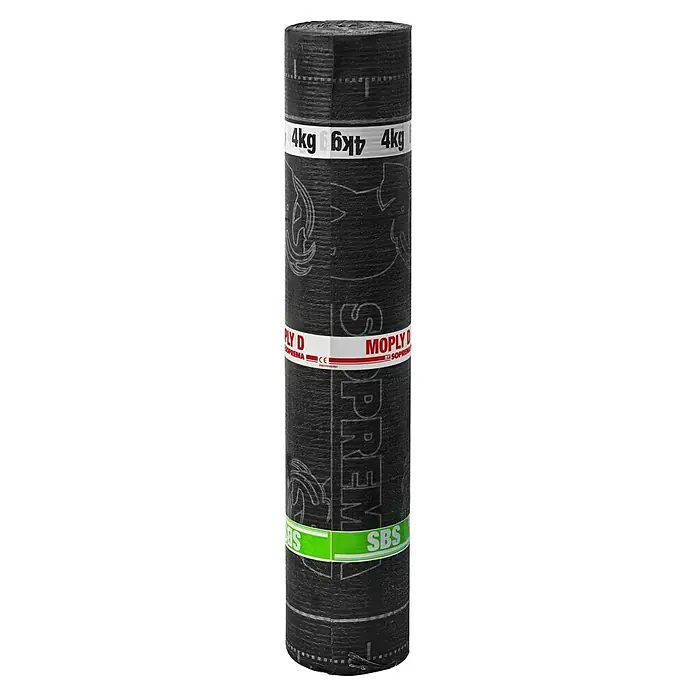 Soprema Lámina asfáltica Moply D FV - An x L: 1 x 10 m, Otros, Negro, 4 kg - Primer plano de un rollo de lámina impermeabilizante SOPREMA MOPLY D, ideal para impermeabilización de alta calidad.