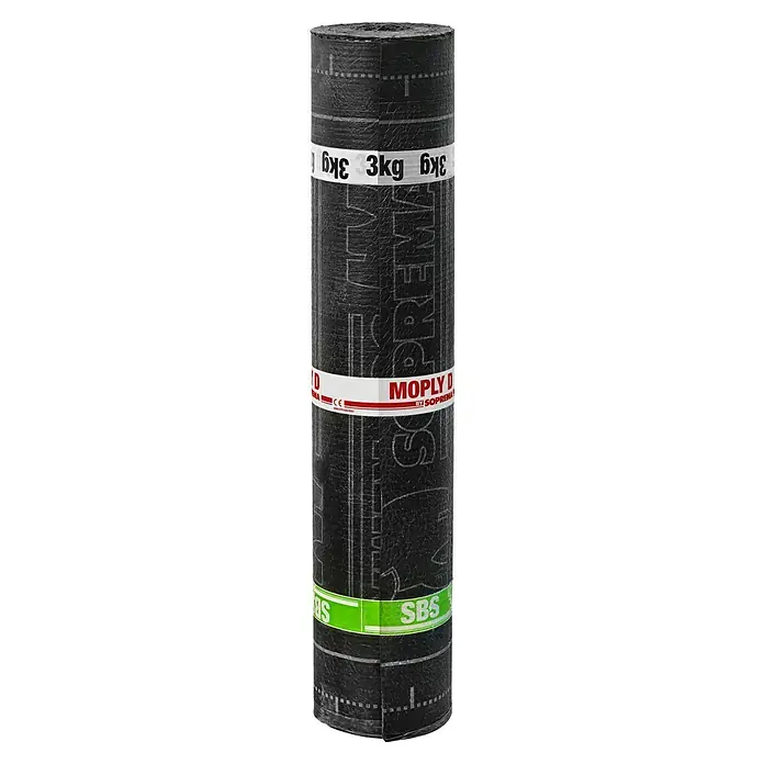Soprema Lámina asfáltica Moply D FV - An x L: 1 x 13 m, Otros, Negro, 3 kg - Imagen de un rollo de tela asfáltica negra de Moply D SBS, ideal para la impermeabilización de cubiertas.