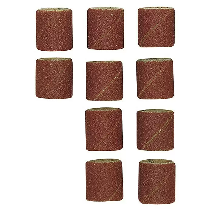 Proxxon Bandas de lija de repuesto N.º 28979 - Grano: 120, Diámetro: 14 mm, 10 ud. - Diez tambores de lijado abrasivos cilíndricos de color marrón rojizo para herramientas rotativas.