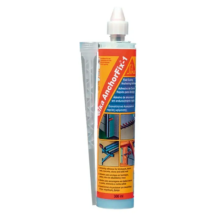 Sika Adhesivo de anclaje AnchorFix-1 - 300 ml - Imagen del producto Sika AnchorFix-1, un adhesivo de anclaje de curado rápido para albañilería, hormigón, piedra y roca sólida.