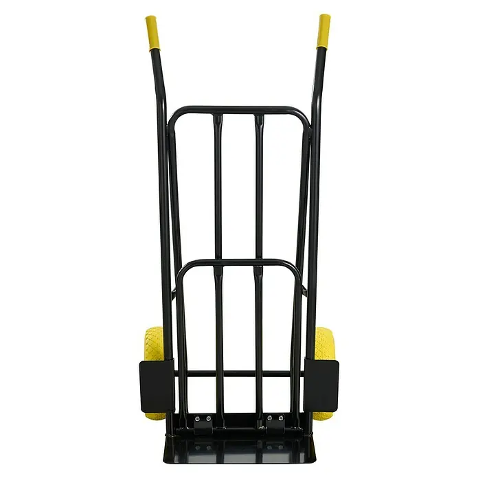 Sackkarre - Stahl, Traglast: 250 kg - Nahaufnahme eines schwarzen Transportwagens mit gelben Griffen und Rädern, ideal für den einfachen Transport von Lasten.