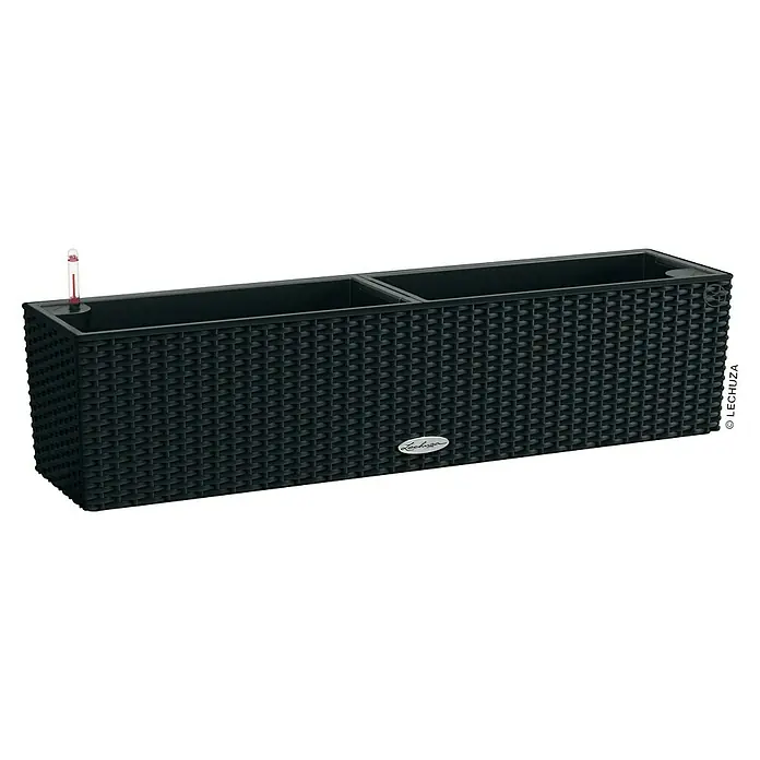 Lechuza Cottage Balkonkasten Balconera - Max. Außenlänge: 80 cm, Kunststoff, Schwarz - Schwarzer Pflanzkasten im Rattan-Design mit Wasserstandsanzeige für den Innen- und Außenbereich.