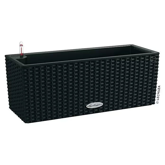 Lechuza Cottage Balkonkasten Balconera - Max. Außenlänge: 50 cm, Kunststoff, Schwarz - Schwarzer rechteckiger Pflanzkübel mit Rattan-Optik, Selbstbewässerung und Wasserstandsanzeiger.