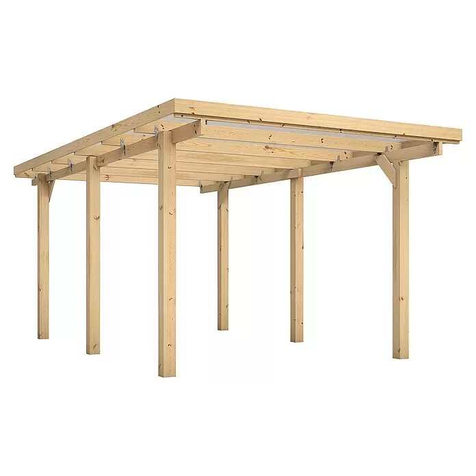 Joda Carport Dessau - Außenmaß inkl. Dachüberstand (B x T): 3,04 x 5,1 m, Natur - Pergola-Konstruktion aus hellem Holz mit sichtbaren Balken, Metallwinkeln und lichtdurchlässigen Dachplatten.