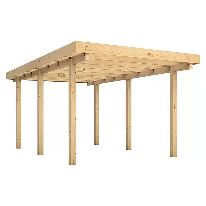 Joda Carport Frankfurt - Außenmaß inkl. Dachüberstand (B x T): 3,04 x 5,1 m, Natur - Pergola-Rahmen aus hellem Holz mit mehreren Pfosten und Querbalken, ideal als Terrassen- oder Carport-Struktur.