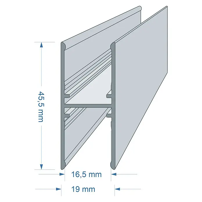 H-Verbindungsprofil - L x H: 200 cm x 16 mm, Geeignet für: Stegplatten, Aluminium - Aluprofil mit den Maßen 45,5 mm Höhe, 16,5 mm und 19 mm Breite. Perfekt für vielseitige Konstruktionsanwendungen.