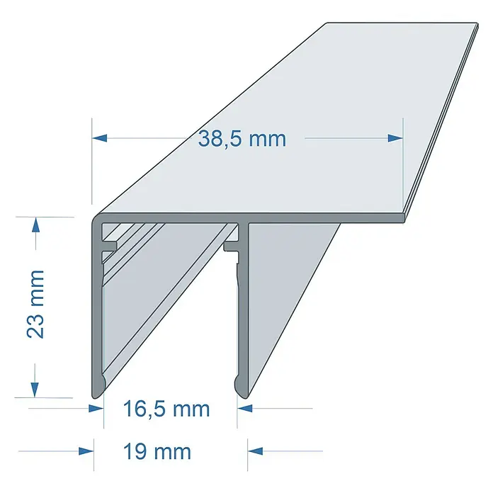 U-Profil - 250 cm x 16 mm, Seitliche Lasche, Aluminium, Silber - Profilskizze mit Maßen.