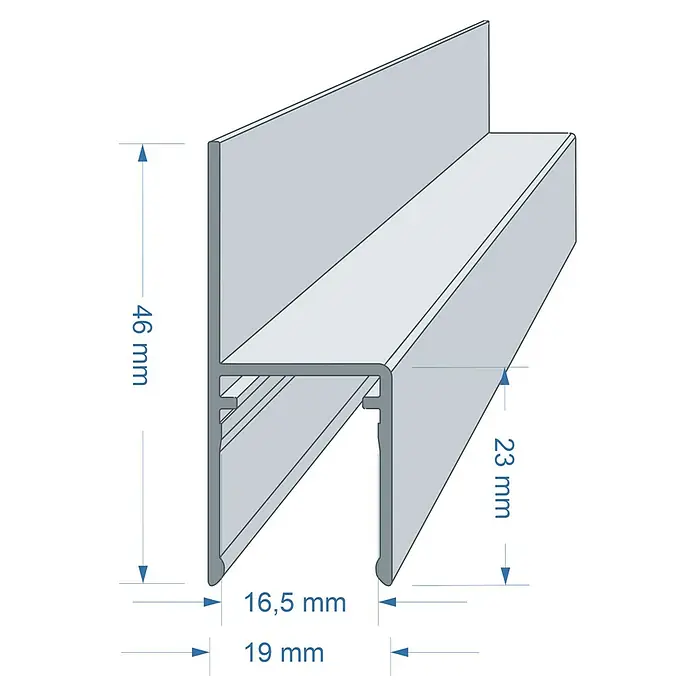 U-Profil - 250 cm x 16 mm, Obere Lasche, Aluminium, Silber - Darstellung eines Aluminiumprofils mit den Maßen 46 mm Höhe, 23 mm Tiefe und einer Basis von 19 mm, ideal für Bauprojekte.