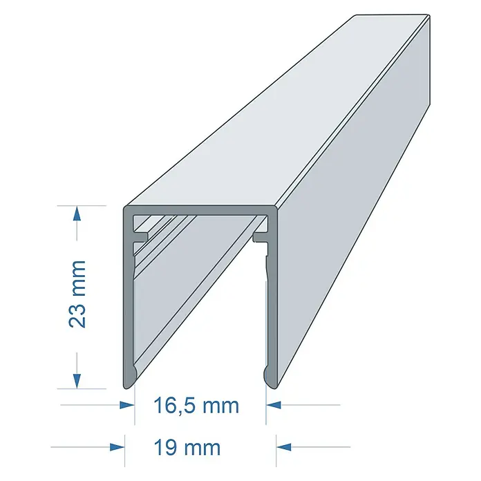 U-Profil - L x H: 250 cm x 16 mm, Geeignet für: Stegplatten, Aluminium - Abbildung eines Aluminiumprofils mit den Maßen 23 mm Höhe, 16,5 mm Innenbreite und 19 mm Außenbreite.
