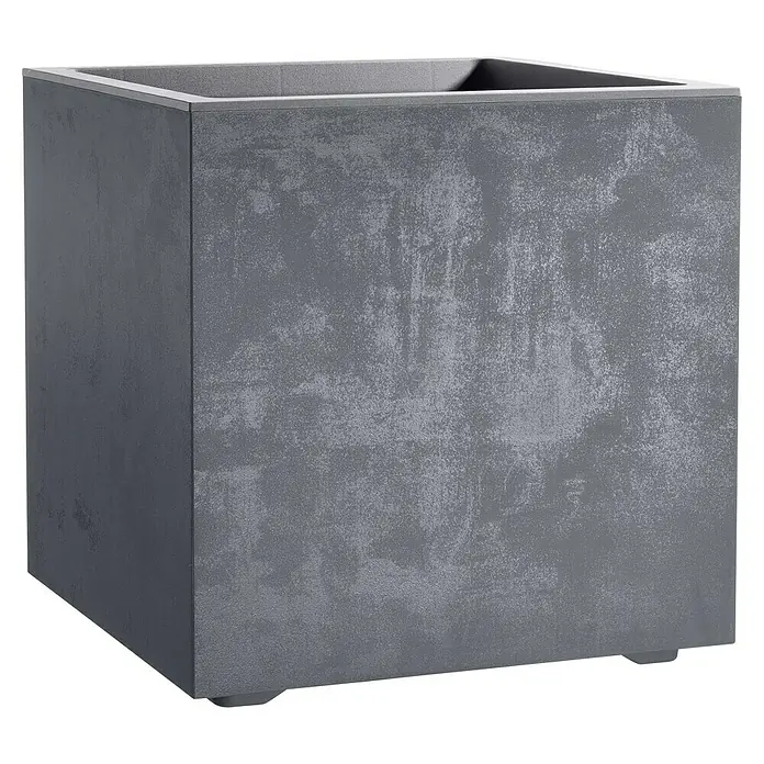 Deroma Millennium Pflanzkübel eckig - L x B x H: 49 x 49 x 49 cm, Kunststoff, Ashgrey - Bild eines quadratischen Pflanzkübels in Betonoptik mit rauer Oberfläche.