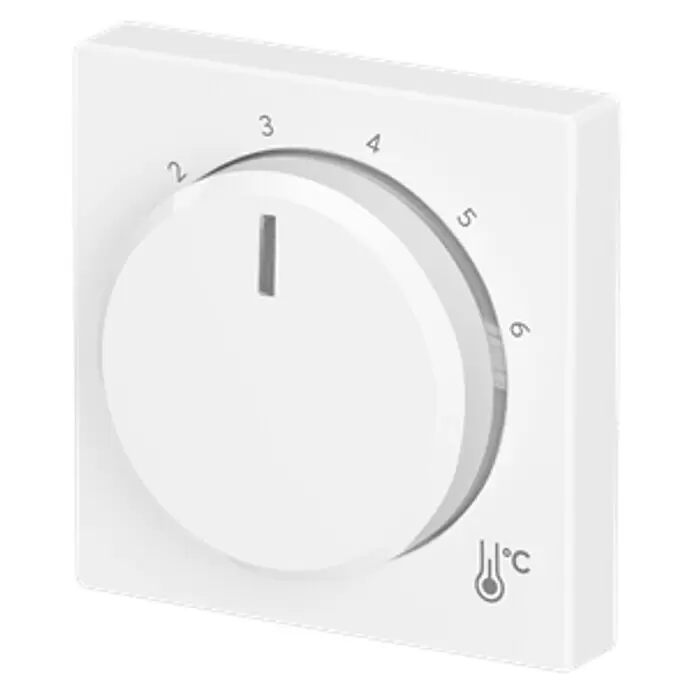 Busch-Jaeger Future Linear Thermostat-Abdeckung 1794R-84 - Studioweiß glänzend, Kunststoff - Weißer quadratischer manueller Raumthermostat mit Drehregler, Ziffern 1-6 und Temperatursymbol.