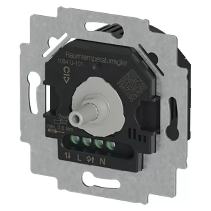 Busch-Jaeger Raumthermostat 1094U-101 On/Off mit Nachtabsenkung - Unterputzmontage, 50 Hz - 60 Hz - Schwarzer Raumtemperaturregler-Einsatz mit silbernem Metallrahmen und hellgrauem Drehregler, mit Anschlussklemmen.