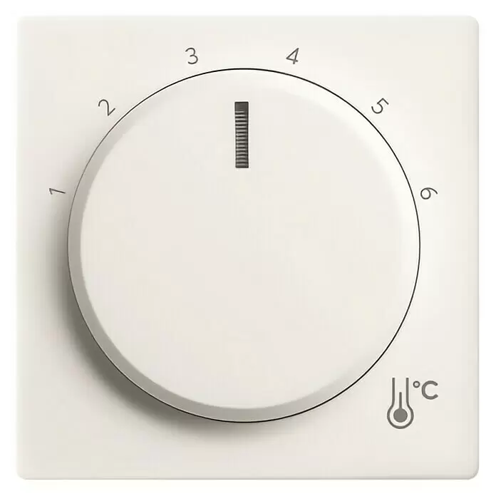 Busch-Jaeger Future Linear Thermostat-Abdeckung 1794R-84 - Studioweiß glänzend, Kunststoff - Weißer, runder Thermostat-Regler mit den Stufen 1-6 und Celsius-Thermometer-Symbol.