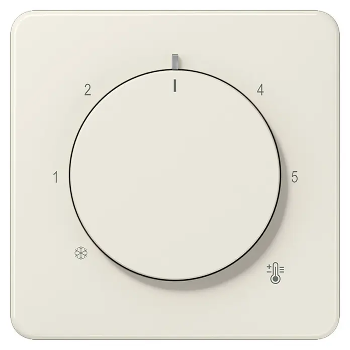 Jung CD 500 Thermostat-Abdeckung CD1749BF - Weiß glänzend, Kunststoff - Nahaufnahme eines beigen Thermostats mit Einstellknopf, der auf eine Skala von 1 bis 5 eingestellt werden kann, um die Temperatur zu regulieren.