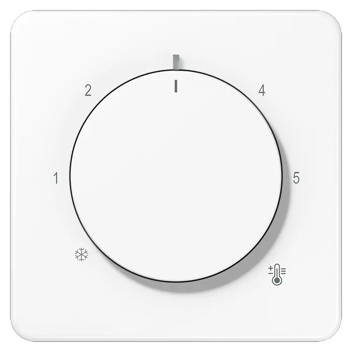 Jung CD 500 Thermostat-Abdeckung CD1749BFWW - Alpinweiß glänzend, Kunststoff - Das Bild zeigt einen weißen Temperaturregler mit einer Skala von 1 bis 5, wobei ein Schneeflockensymbol für Kühlung und ein Thermometersymbol für Heizung stehen.