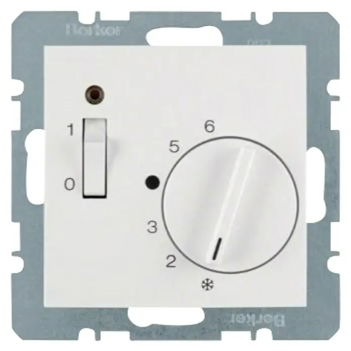 Berker Raumthermostat 20301909 - 250 V, Polarweiß matt - Nahaufnahme eines Berker-Raumtemperaturreglers mit Drehknopf und Schiebeschalter, ideal für die präzise Steuerung der Raumtemperatur.