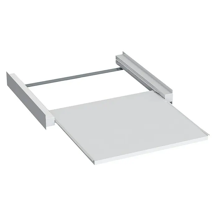 Waschmaschinen-Ablagefach - Ausziehbar, Weiß - Abbildung eines ausziehbaren Regals in Weiß mit Metallelementen. Ideal für zusätzlichen Stauraum in Küche oder Bad.
