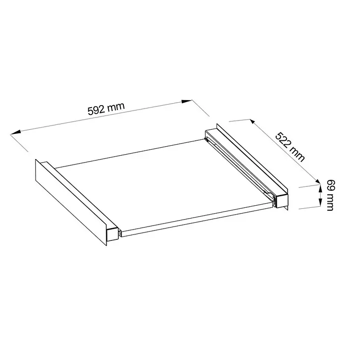 Waschmaschinen-Ablagefach - Ausziehbar, Weiß - Produktabbildung eines Schubladenelements mit Größenangaben. Die Schublade ist 592 mm breit, 522 mm tief und 69 mm hoch.