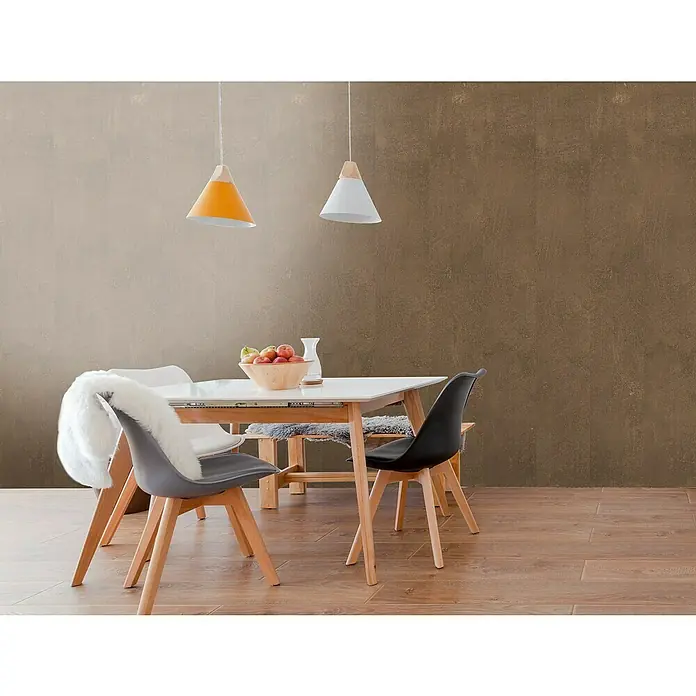 Bariperfil Revestimiento de pared de PVC Oxide Terra - 260 x 33,3 cm, Oxide Terra - Comedor con mesa, sillas, lámparas y elementos decorativos que crean un ambiente acogedor.