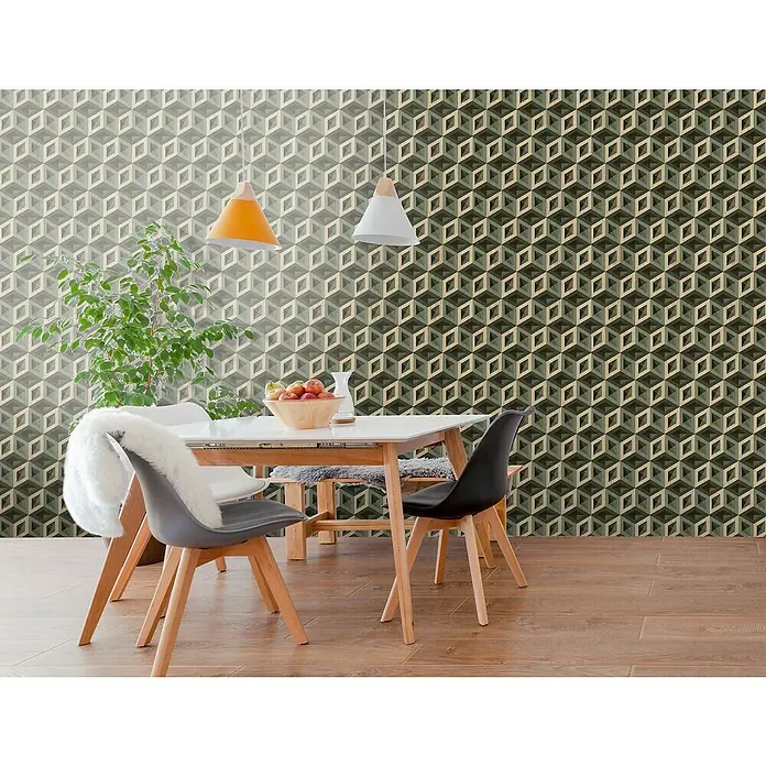 Bariperfil Revestimiento de pared de PVC Cubos 3D - 260 x 33,3 cm, Multicolor - Comedor luminoso con mesa, sillas y papel tapiz geométrico. Las lámparas colgantes modernas y las plantas de interior complementan el ambiente.