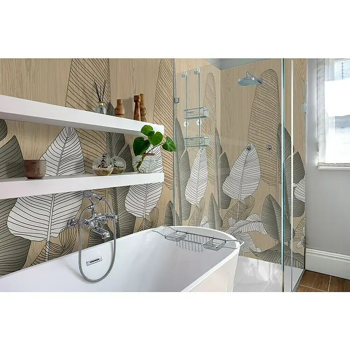 Bariperfil Revestimiento de pared de PVC Wood Palms - 260 x 33,3 cm, Marrón/Verde - Baño con bañera exenta y mampara estampada para un aspecto tranquilo y moderno.