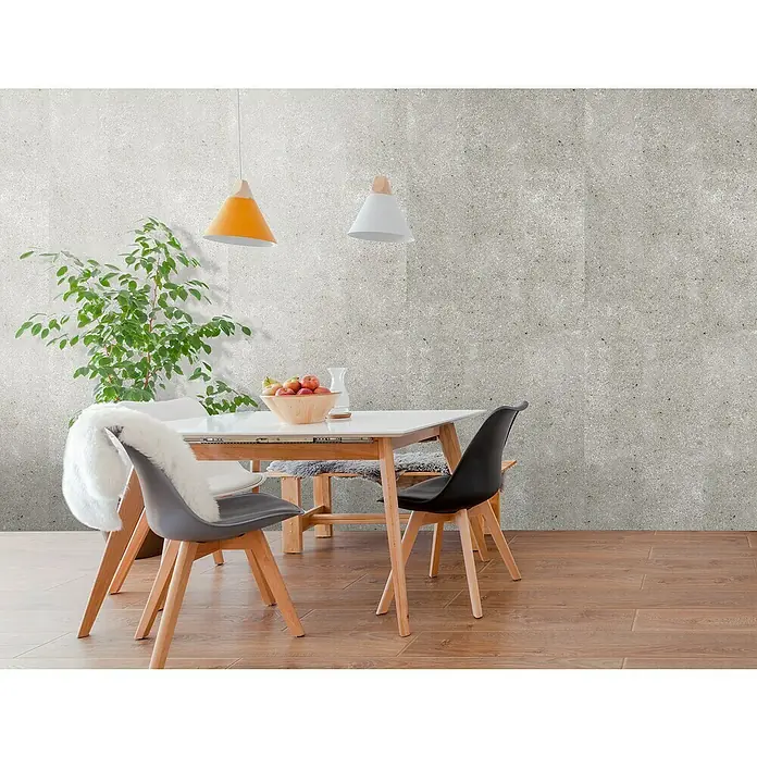 Bariperfil Revestimiento de pared de PVC Grezzo - 260 x 33,3 cm, Gris - Comedor con una mesa y sillas modernas bajo luces colgantes elegantes, decorado con un frutero y una planta de interior.
