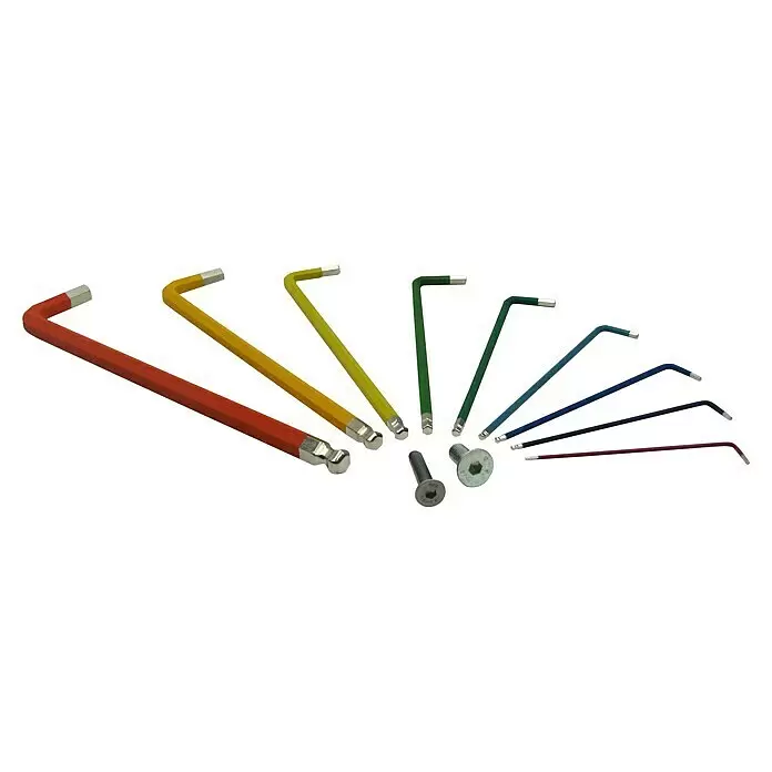 Stiftschlüsselsatz 70273 - 9 -tlg., Schlüsselweite: 1,5 mm - 10 mm - Ein fächerförmiges Set L-förmiger, mehrfarbiger Inbusschlüssel mit Kugelkopfenden, von großem Rot bis kleinem Burgund, neben zwei silbernen Sechskantschrauben.