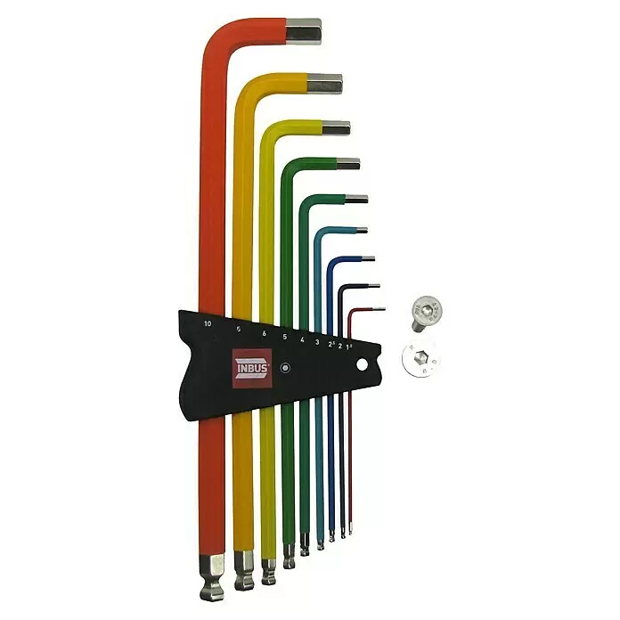 Stiftschlüsselsatz 70273 - 9 -tlg., Schlüsselweite: 1,5 mm - 10 mm - Farbcodierter Inbusschlüsselsatz mit Halter, Größen 1,5-10mm, und zwei Innensechskantschrauben.