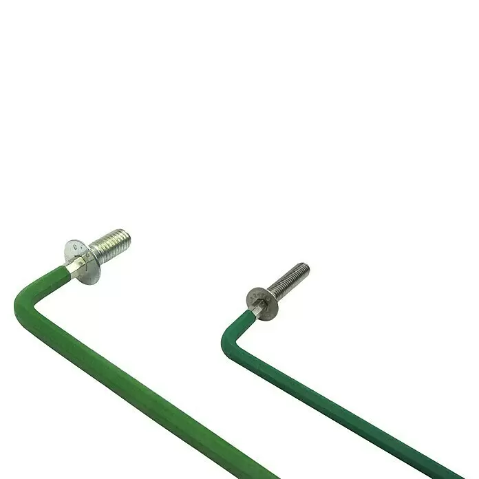 Stiftschlüsselsatz 70273 - 9 -tlg., Schlüsselweite: 1,5 mm - 10 mm - Zwei L-förmige grüne Inbusschlüssel, jeweils mit einer silbernen Gewindeschraube im Kopf, die ihre Funktion zeigen.