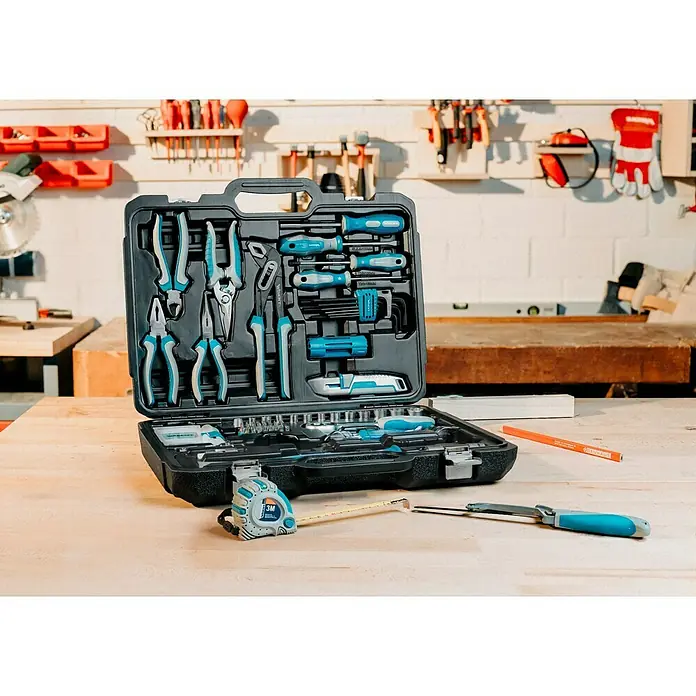 Wisent Werkzeugkoffer L - L x B x H: 49 x 24 x 9 cm, 84 -tlg. - Werkzeugkoffer mit einer Vielzahl von Werkzeugen wie Zangen, Schraubendrehern und einem Rollmaßband, ideal für Heimwerker und Profis.