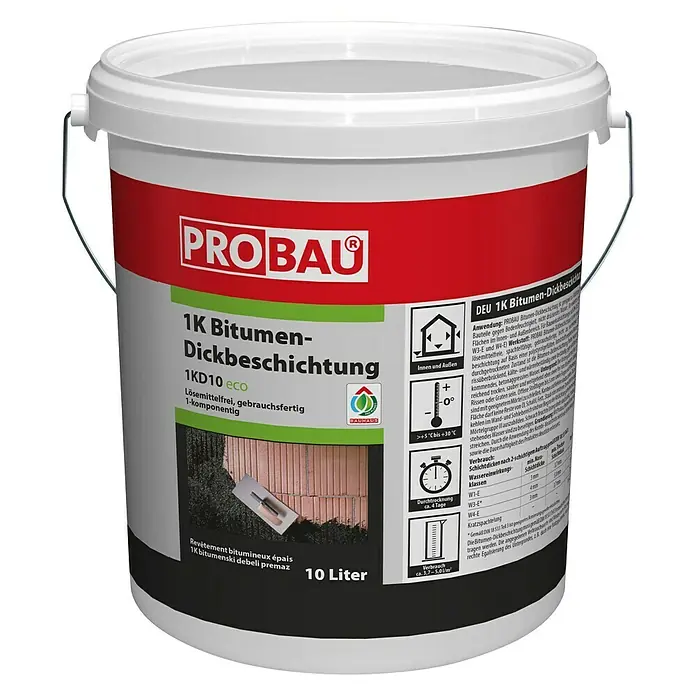 Probau Bitumen-Dickbeschichtung - 10 l, Lösemittelfrei, Gebrauchsfertig - Eimer mit PROBAU 1K Bitumen-Dickbeschichtung, lösemittelfrei, gebrauchsfertig, ideal für den Innen- und Außenbereich, 10 Liter.