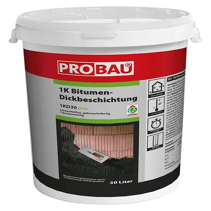 Probau Bitumen-Dickbeschichtung30 l, Lösemittelfrei, Gebrauchsfertig - Eimer mit 1K Bitumen-Dickbeschichtung von Probau, lösemittelfrei und gebrauchsfertig, für den Innen- und Außenbereich geeignet.
