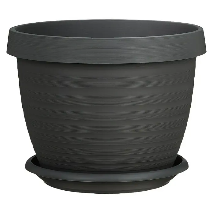 Scheurich Blumentopf-Untersetzer Oliver - Außenmaß (Ø x H): 63 x 9 cm, Kunststoff, Metallic Grey - Ein grauer, gerippter Blumentopf mit Untersetzer, ideal für den Innen- und Außenbereich, der Pflanzen stilvoll in Szene setzt.