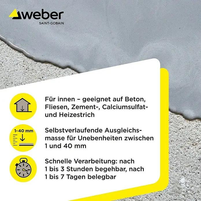 SG Weber Bodenausgleichsmasse - 22 kg, Schichtdicke: 1 mm - 40 mm - Weber Bodenausgleich: Selbstverlaufende Ausgleichsmasse für den Innenbereich, geeignet für Beton, Fliesen und Zement.