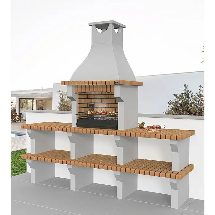 Collippo Silves Barbacoa de obra con mesas auxiliares - An x Pr x Al: 234 x 58 x 230 cm, Superficie parrilla: 60 x 38 cm, Marrón - Foto de una parrilla de exterior con superficie de ladrillo y amplio espacio para los accesorios de la parrilla.