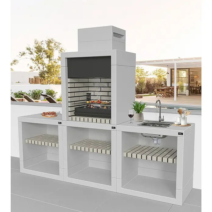 Collippo Estoril Barbacoa de obra - An x Pr x Al: 80,5 x 58 x 204 cm, Superficie parrilla: 60 x 38 cm, Gris/Negro - Cocina moderna al aire libre con parrilla, fregadero y espacio de almacenamiento. La parrilla con su diseño de ladrillo ofrece un amplio espacio.