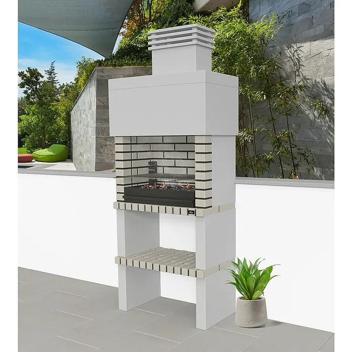 Collippo Ericeira Barbacoa de obra - An x Pr x Al: 86 x 47 x 215 cm, Superficie parrilla: 64 x 38 cm, Gris - La imagen muestra una barbacoa moderna y blanca con interior de ladrillo, perfecta para cocinar al aire libre.