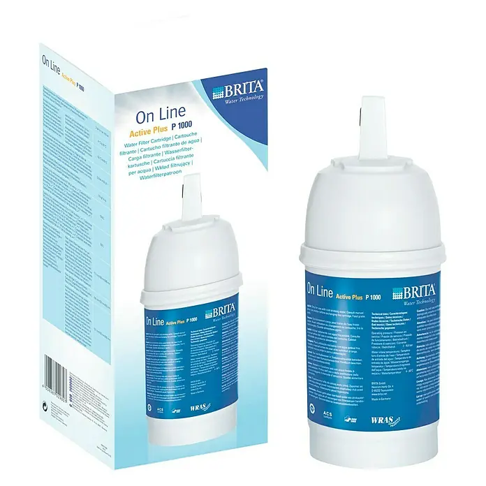 Brita Cartucho de repuesto On Line Active Plus 1000 - Específico para: Brita Filtro de agua On Line Active Plus - Imagen de un cartucho filtrante de agua BRITA On Line Active Plus P 1000 y su embalaje.