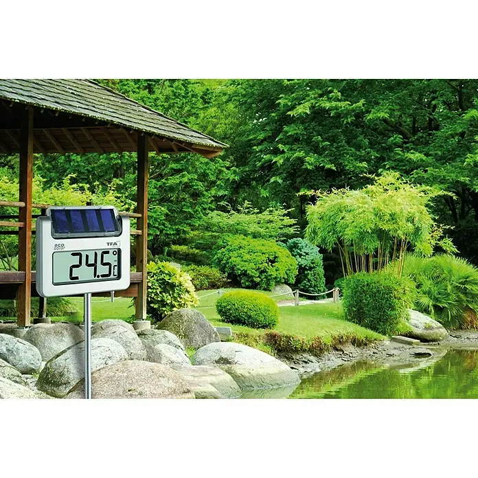 TFA Dostmann Gartenthermometer 'Avenue' Digital Solar - Digital, L x B x H: 1.145 x 40 x 175 mm, Silber - Solar-Thermometer im Garten. Das TFA Dostmann Solar-Thermometer ECO ist eine umweltfreundliche Option zur Temperaturmessung im Freien.
